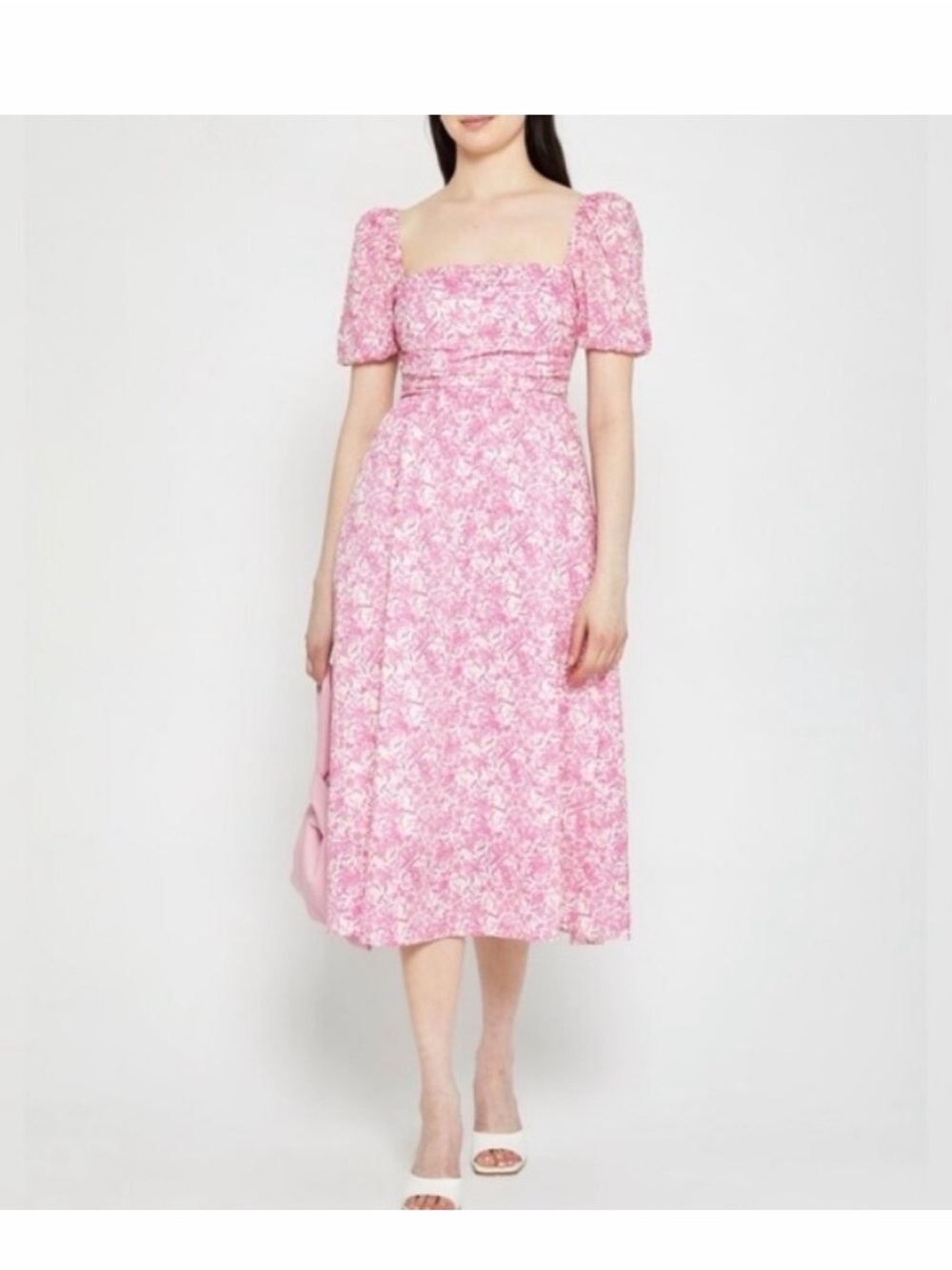 Square-Neck Pink Floral Midi Dress with Puff Sleeves